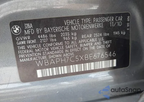 2011 BMW 328I из США, поврежденный, VIN WBAPH7C5XBE676546